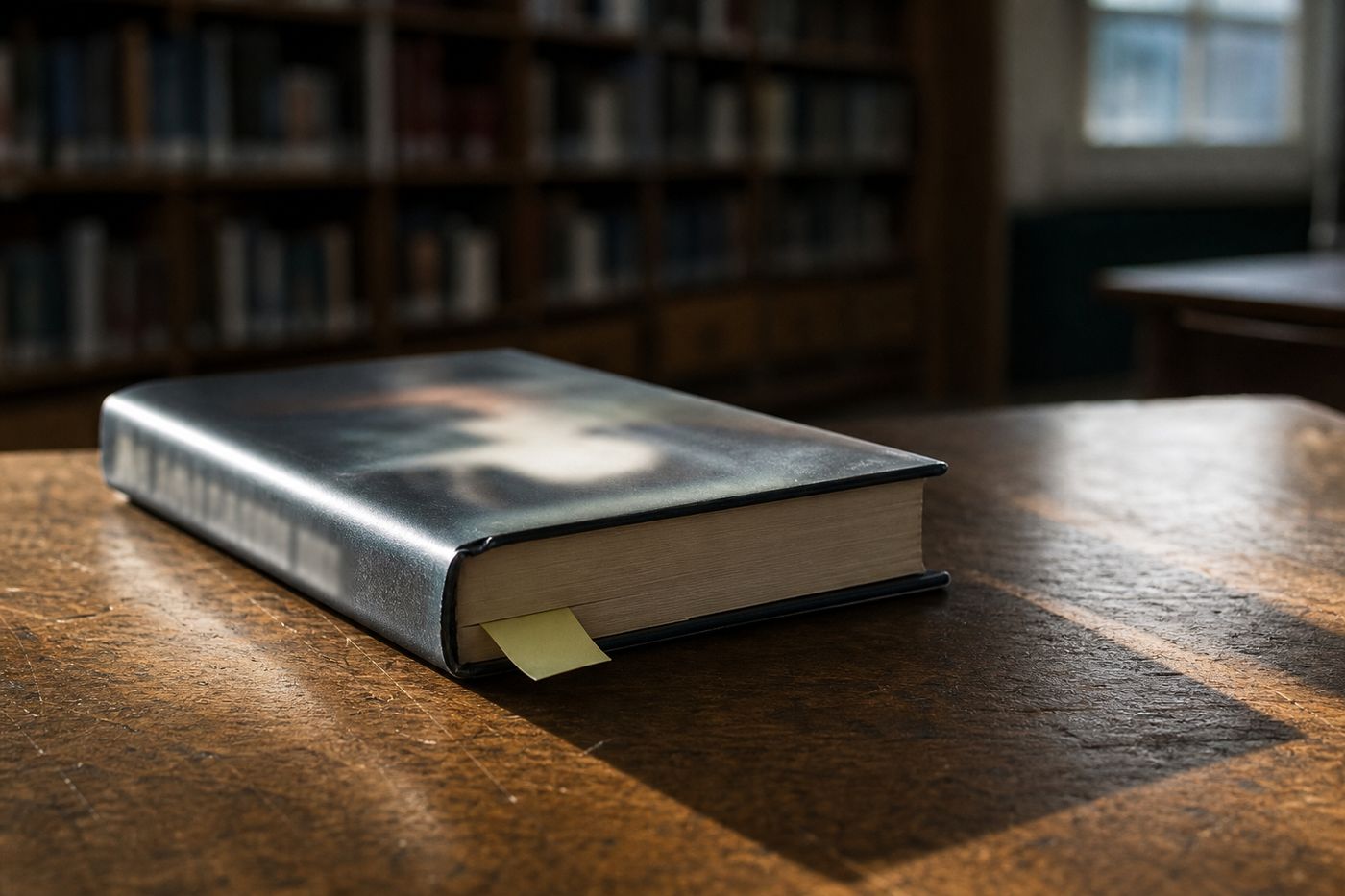 Empty school board meeting room with microphone and stacked books on a table