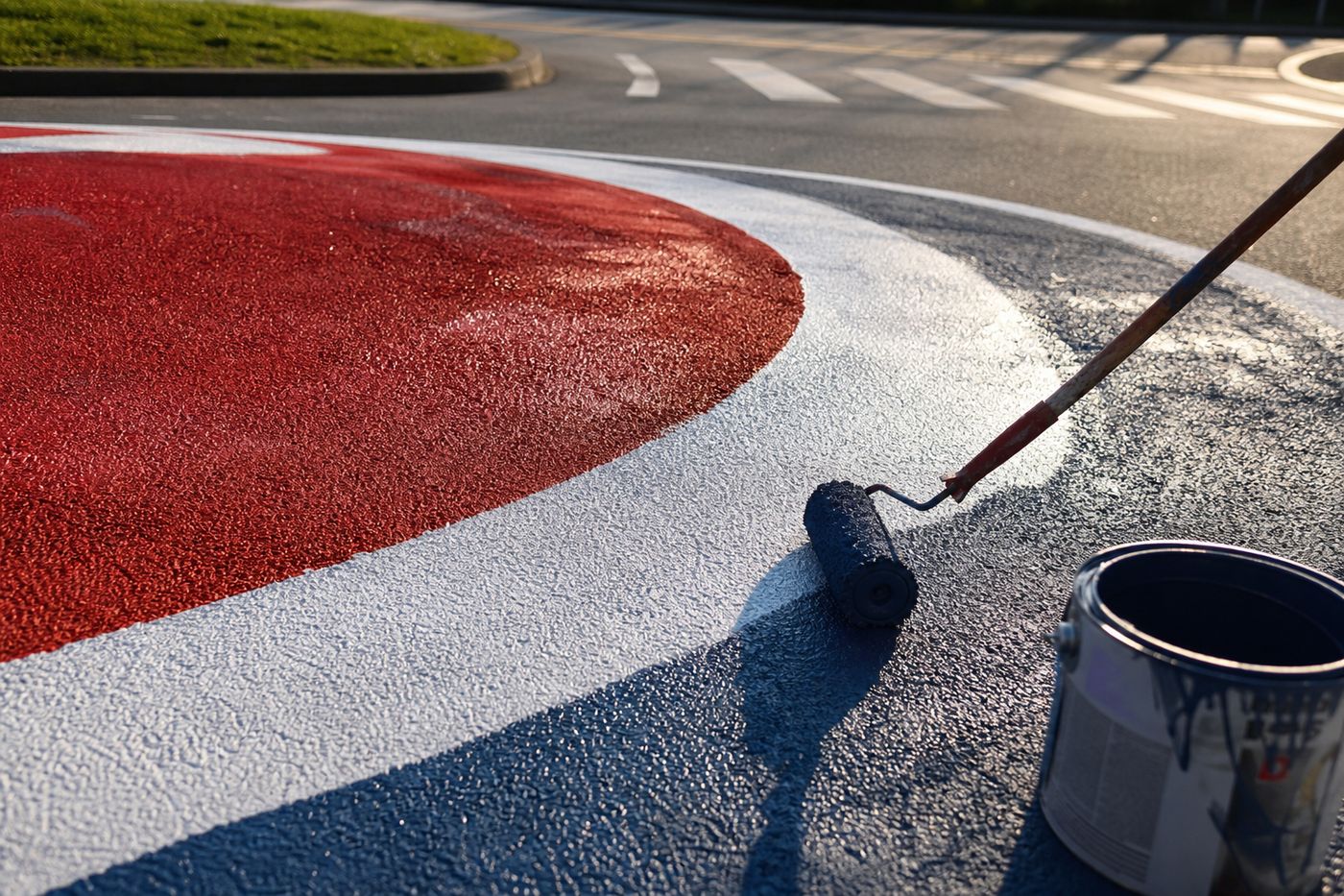 Aerial view of a brightly painted traffic roundabout in Ohio surrounded by orange construction barrels