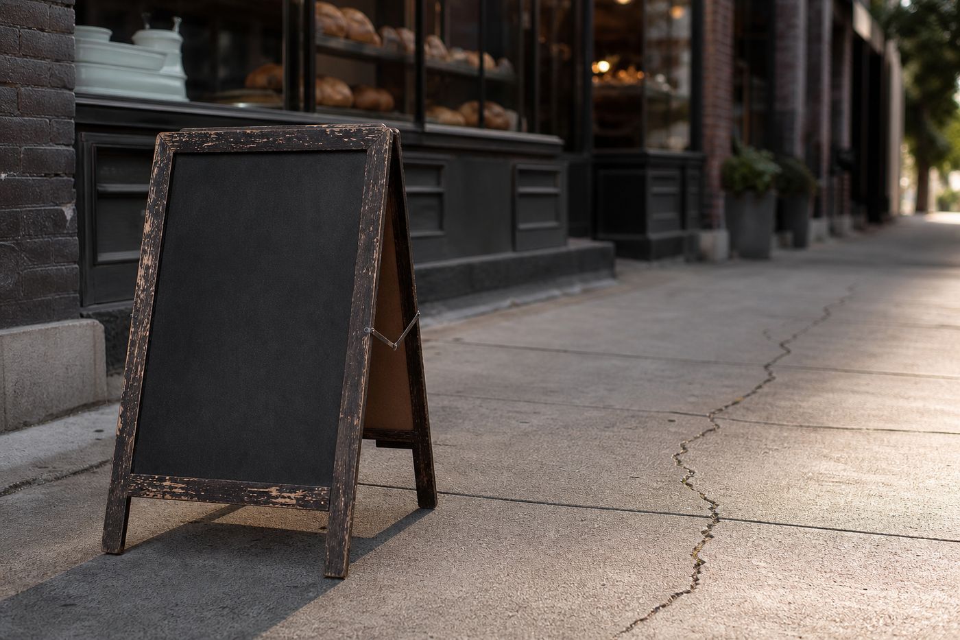 A hand-painted chalkboard sign sits outside a small bakery storefront in Dayton, Ohio.